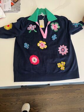 BODEN NWT Navy Floral Appliqué Polo Sweater with Green Collar